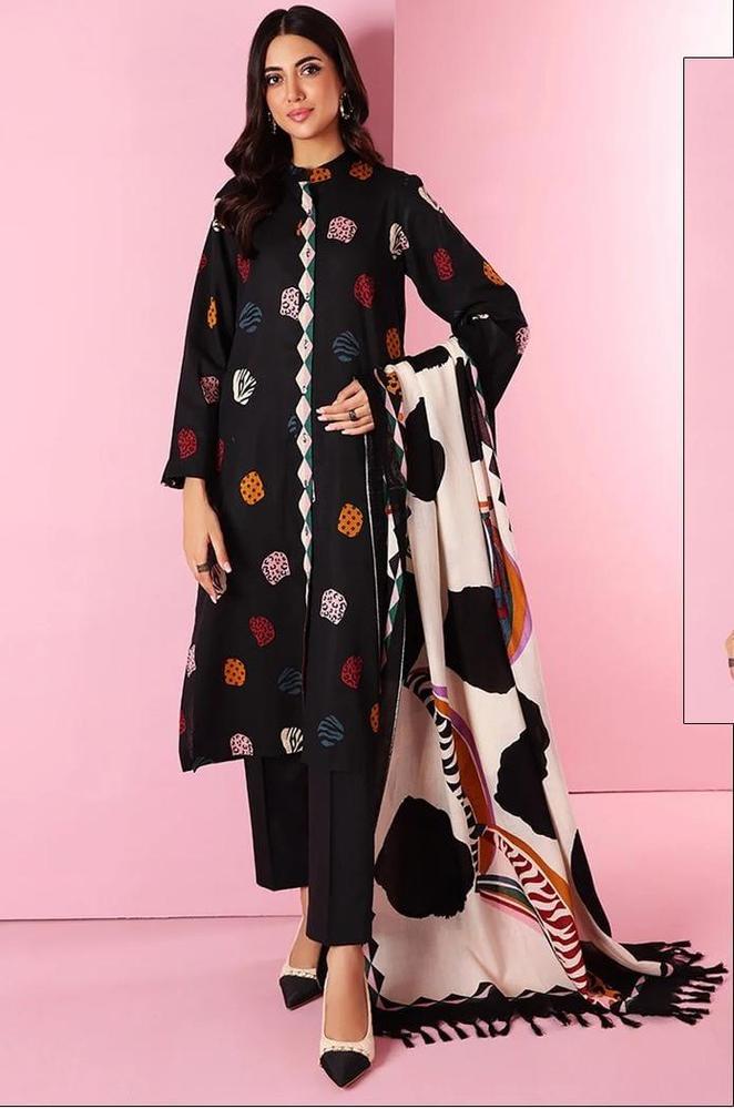 3 Pcs Women's Unstitched Black Lawn Embroidered Suit with Printed Dupatta