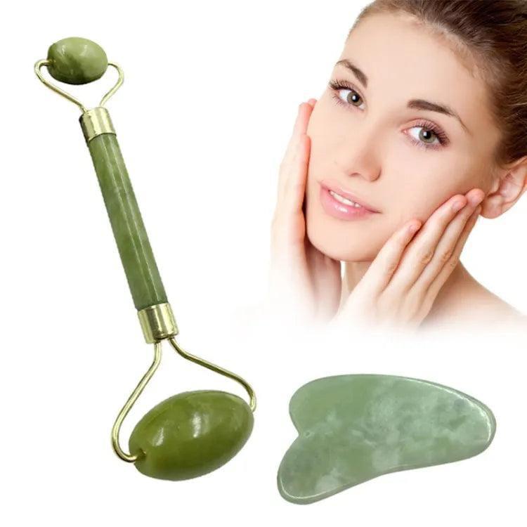 Anti-Aging Jade Roller and Gua Sha set for facial massage, puffiness reduction, and youthful glowing skin
