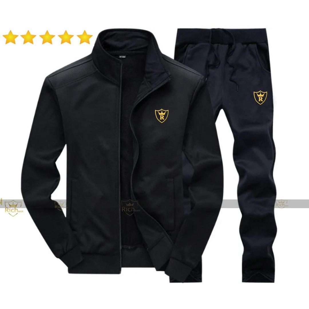 Men’s Black Fleece Track Suit – 2-piece fleece outfit with plain collar shirt and trouser for casual wear, sports, and winter comfort.