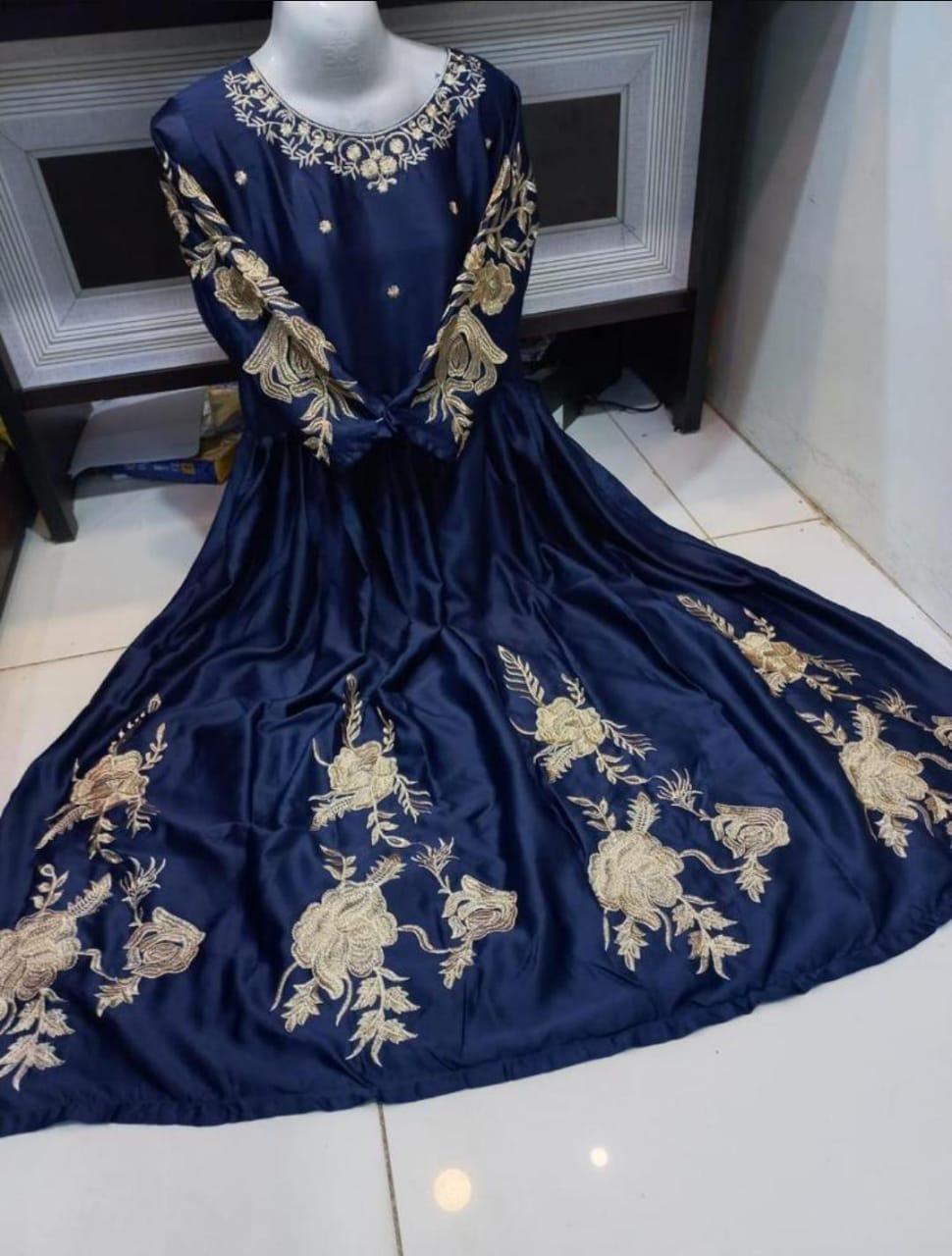 Stunning Embroidered Shalmose Silk Maxi Dress in Blue – 1 Pc Women’s stitched wear, elegant design for party, wedding & festive occasions.