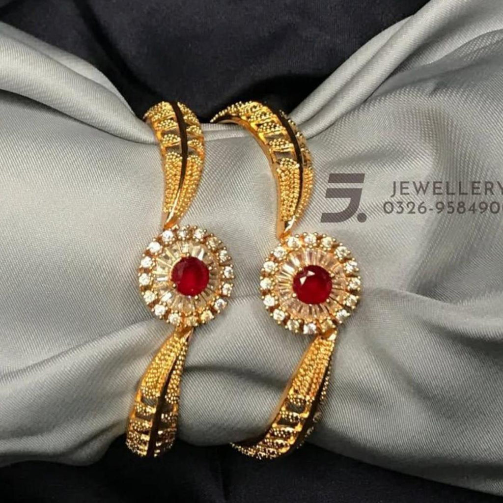 2 Pcs Gold Plated bangles Indian Design Kara  with Red Gemstone