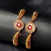 2 Pcs Gold Plated Indian Design Kara Bangles with Red Gemstone 1200 Rs. Gold Plated Pendant Plated Pendant Set LuxeLoops LuxeLoops 