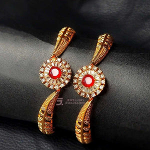 2 Pcs Gold Plated Indian Design Kara Bangles with Red Gemstone 1200 Rs. Gold Plated Pendant Plated Pendant Set LuxeLoops LuxeLoops 