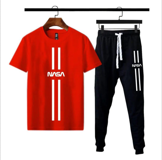 2 Pcs Men's Cotton Printed Track Suit - Stylish printed t-shirt and trouser set for gym, sports, and casual wear.

