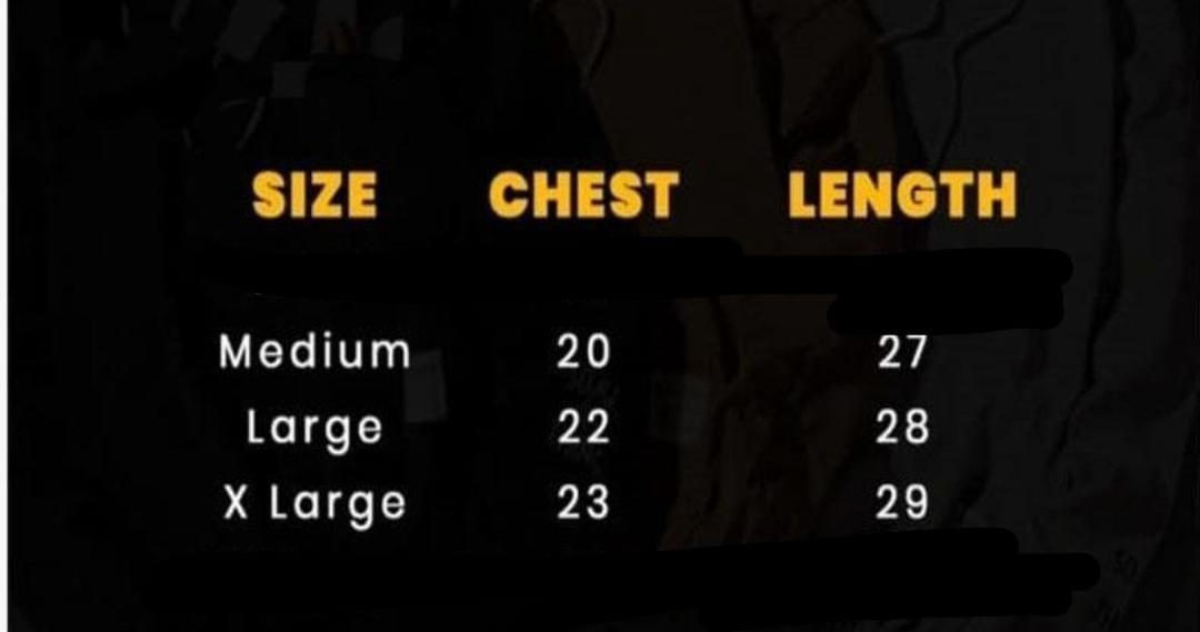 Size chart for shirts with chest and length measurements on a dark background
