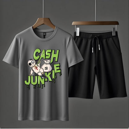 2 Pcs Men's Jersey Printed T-Shirt & Shorts Tracksuit - Comfortable and stylish outfit for men, perfect for gym, sports, and casual wear.
