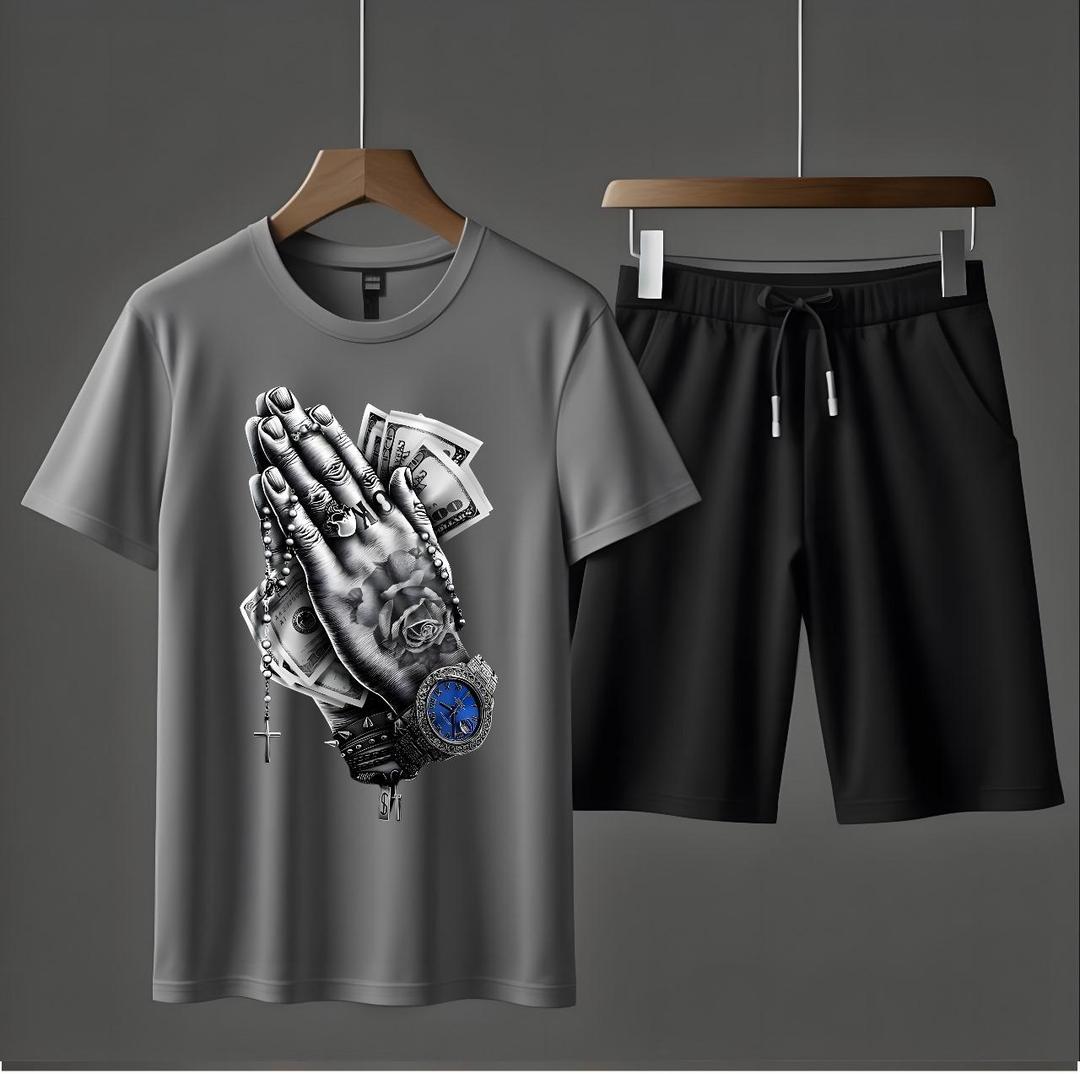 2 Pcs Men's Jersey Printed T-Shirt & Shorts Tracksuit - Comfortable and stylish outfit for men, perfect for gym, sports, and casual wear.
