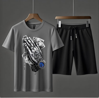 2 Pcs Men's Jersey Printed T-Shirt & Shorts Tracksuit - Comfortable and stylish outfit for men, perfect for gym, sports, and casual wear.
