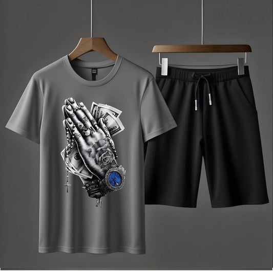 2 Pcs Men's Jersey Printed T-Shirt & Shorts Tracksuit - Comfortable and stylish outfit for men, perfect for gym, sports, and casual wear.

