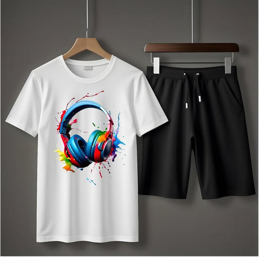 2 Pcs Men's Jersey Printed T-Shirt & Shorts Tracksuit - Comfortable casual wear for sports and everyday style.
