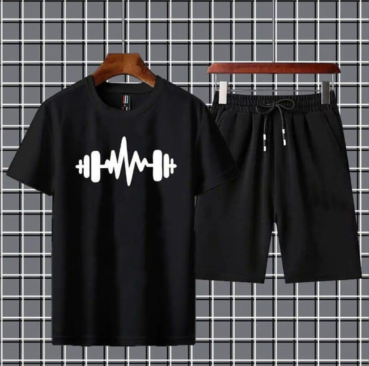 2 Pcs Men's Jersey Printed T-Shirt & Shorts Tracksuit - Comfortable summer outfit for men, perfect for gym, sports, and casual wear.

