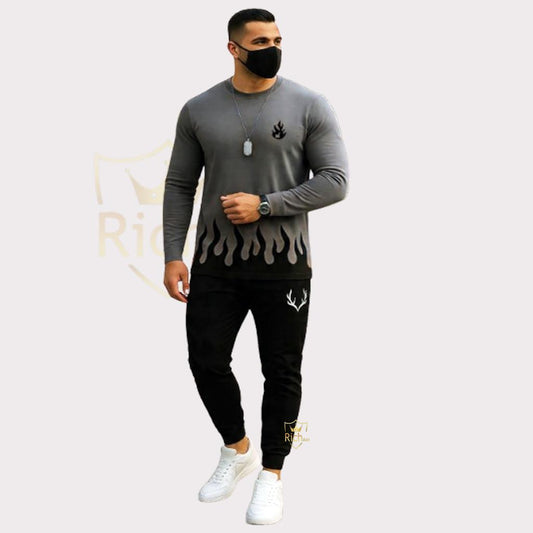 2 Pcs Men’s Micro Printed Track Suit in Grey – Comfortable micro fabric sportswear for men, ideal for gym, jogging, and casual use.