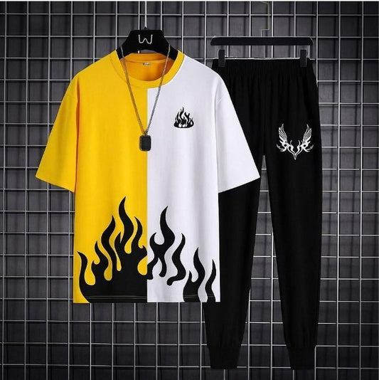 2 Pcs Men’s Polyester Printed Track Suit – lightweight and breathable polyester sportswear set with shirt and trouser for gym, jogging, and casual wear.