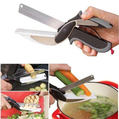 2 in 1 Clever Cutter Knife Scissors with built-in cutting board for fast kitchen chopping