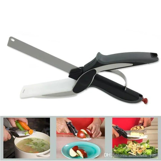 2 in 1 Clever Cutter Knife Scissors with built-in cutting board for fast kitchen chopping
