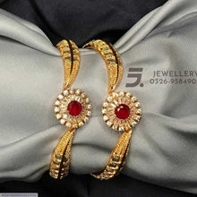 2 Pcs Gold Plated Indian Design Kara Bangles with Red Gemstone 1200 Rs. Gold Plated Pendant Plated Pendant Set LuxeLoops LuxeLoops 