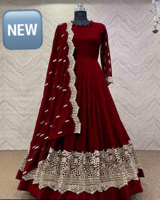 3 Pcs Women's Stitched Silk Embroidered Maxi with trouser and dupatta – Elegant party & wedding wear dress.
