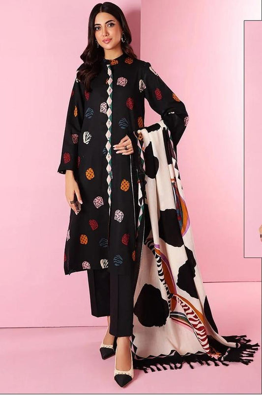 3 Pcs Women's Unstitched Black Lawn Embroidered Suit with Printed Dupatta