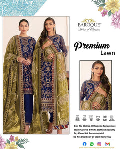 3 Pcs Women's Unstitched Blue Sequins Embroidered Lawn Suit