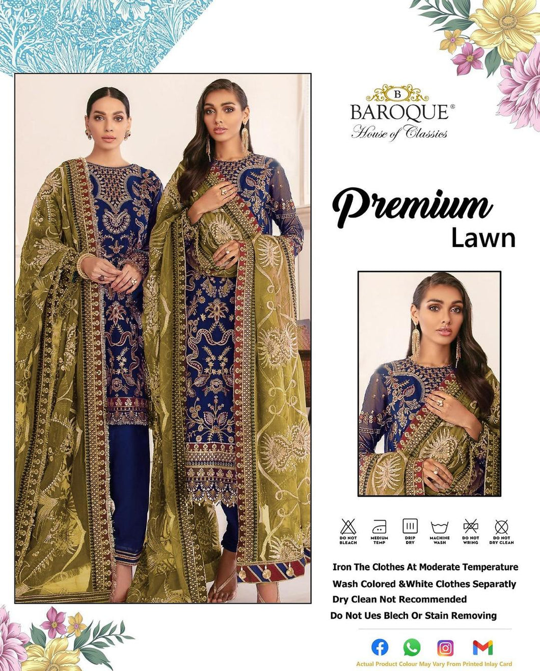 3 Pcs Women's Unstitched Blue Sequins Embroidered Lawn Suit