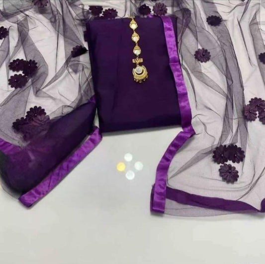 3 Pcs Women’s Unstitched Katan Silk Plain Suit – Elegant premium silk fabric
