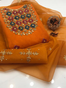 3 Pcs Women’s Unstitched Orange Embroidered Organza Suit with Dupatta