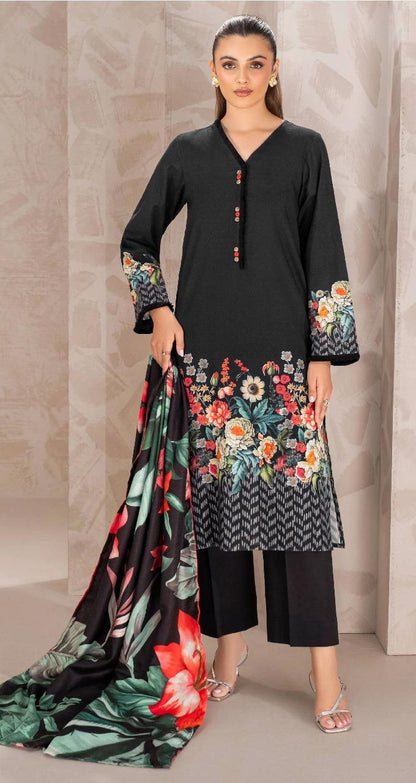 3 Pcs Women’s Unstitched Printed Lawn Suit with Shirt, Trouser & Dupatta