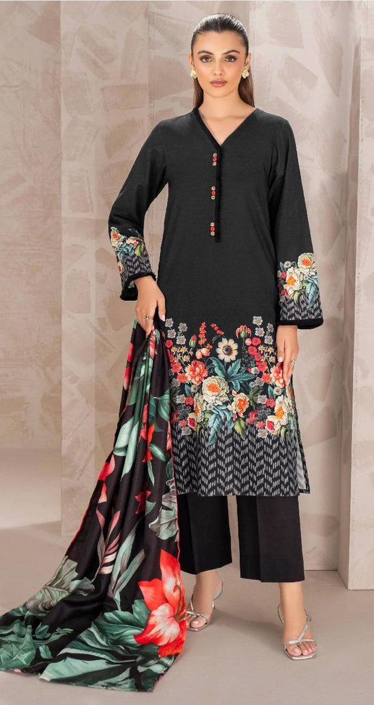 3 Pcs Women’s Unstitched Printed Lawn Suit with Shirt, Trouser & Dupatta