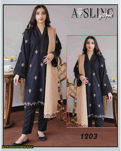 3 pcs women’s unstitched Dhanak embroidered suit with shawl dupatta