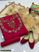 3 pcs women’s unstitched Katan silk embroidered suit with net dupatta