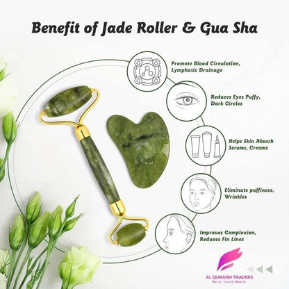 Anti-Aging Jade Roller and Gua Sha set for facial massage, puffiness reduction, and youthful glowing skin
