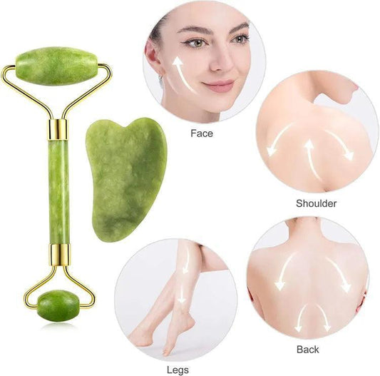 Anti-Aging Jade Roller and Gua Sha set for facial massage, puffiness reduction, and youthful glowing skin