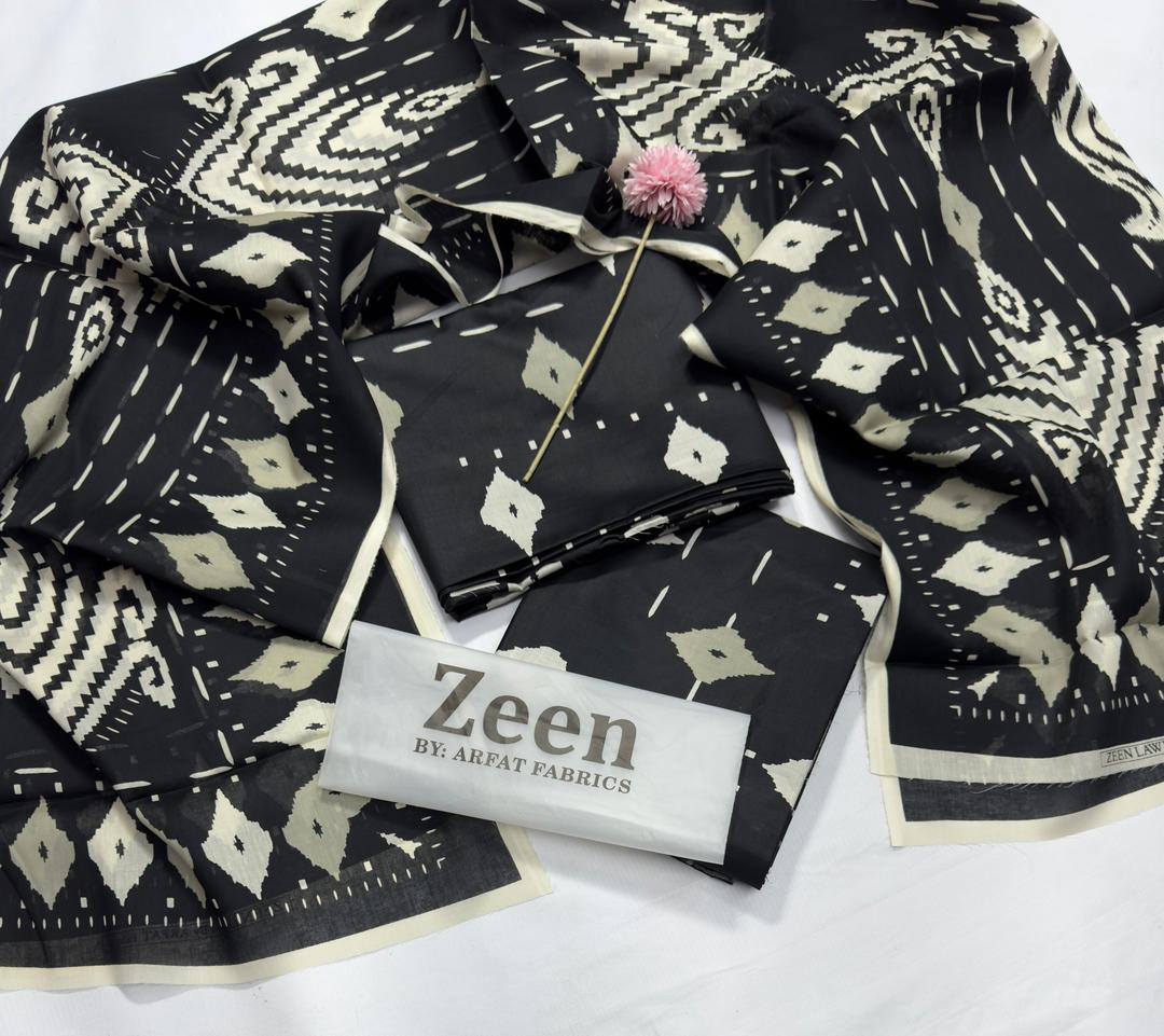 Black 3 Pcs Women’s Unstitched Printed Lawn Suit – Shirt, Trouser & Dupatta