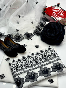 Black Women’s Unstitched Embroidered Organza Suit with Khussa