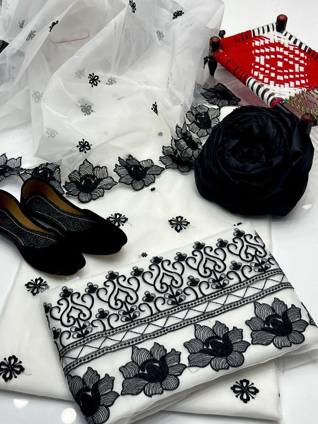 Black Women’s Unstitched Embroidered Organza Suit with Khussa