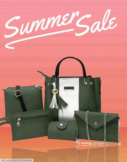 Chic Women’s Rexine Hand Bag Set - 5 Pcs in Elegant Green