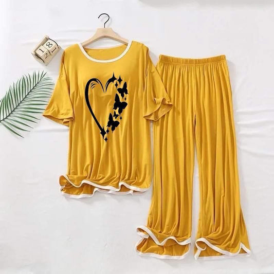 Comfortable Printed Cotton Jersey Night Suit for women – 2 pcs set with shirt and trouser for loungewear & sleepwear.
