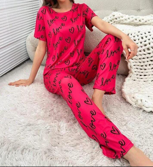Cozy Printed Cotton Jersey Night Suit - 2 Pcs women’s loungewear set with shirt and trouser for sleepwear.
