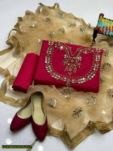 Elegant embroidered silk shirt with plain trouser and net dupatta