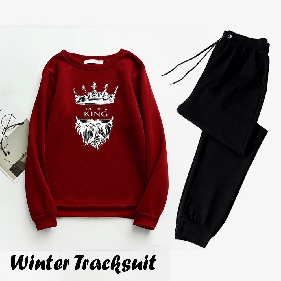 Men’s Polyester Printed Track Suit – 2 Pcs Maroon sportswear set with shirt and trouser, lightweight and stylish for gym, jogging, and casual outings.