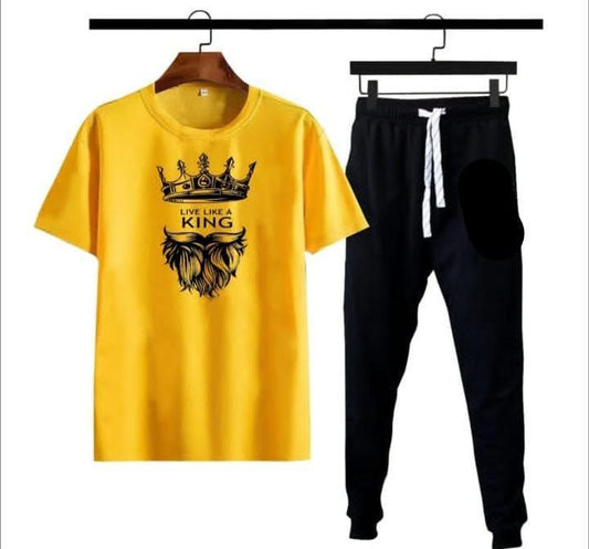 Men's Printed Tracksuit (King) Yellow - 2 Pcs casual wear sports outfit with printed t-shirt and matching trousers.
