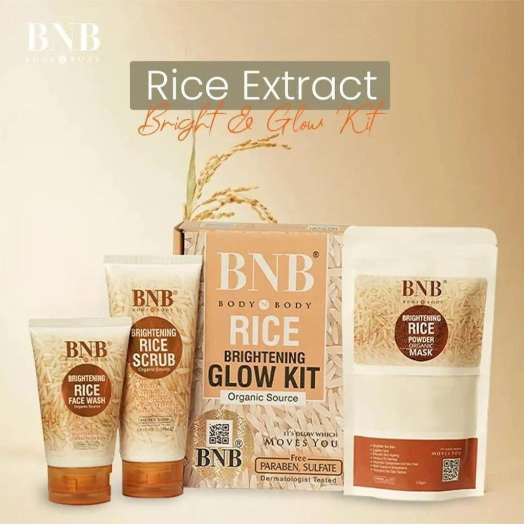 Skin brightening rice facial kit – whitening and exfoliating set for radiant and smooth skin.