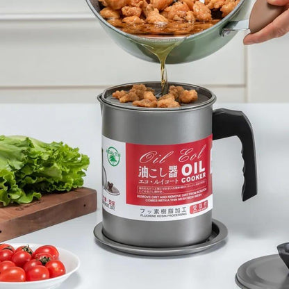 Stainless steel oil strainer pot with mesh filter and anti-drip spout for clean oil storage