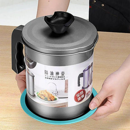 Stainless steel oil strainer pot with mesh filter and anti-drip spout for clean oil storage
