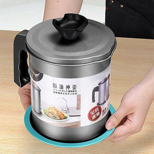 Stainless steel oil strainer pot with mesh filter and anti-drip spout for clean oil storage