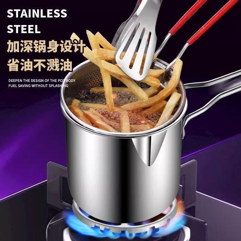 Stainless steel strainer pot with fine mesh basket for fries, pasta, and food straining