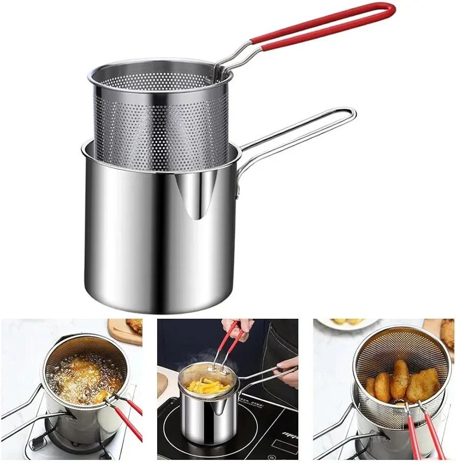 Stainless steel strainer pot with fine mesh basket for fries, pasta, and food straining
