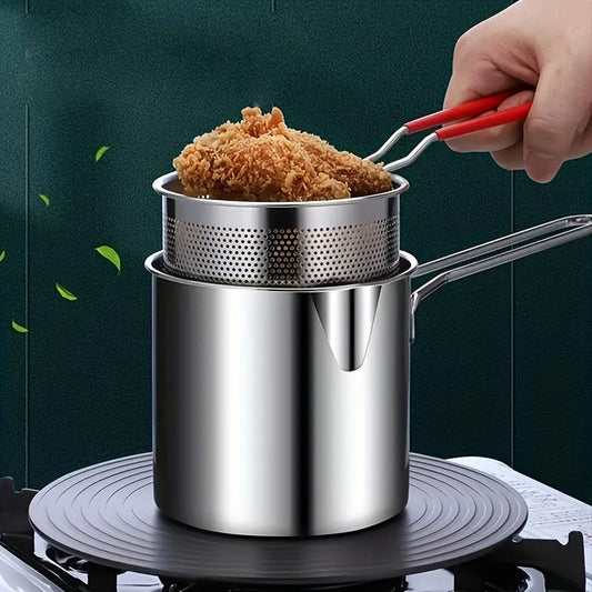 Stainless steel strainer pot with fine mesh basket for fries, pasta, and food straining