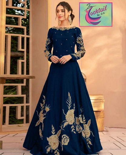 Stunning Embroidered Shalmose Silk Maxi Dress in Blue – 1 Pc Women’s stitched wear, elegant design for party, wedding & festive occasions.
