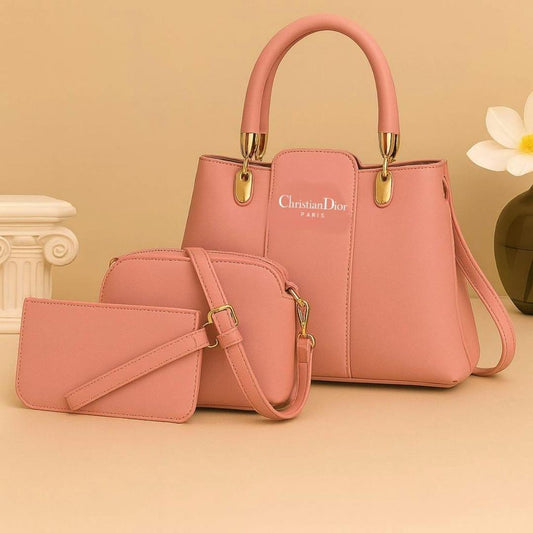 Stylish Women’s PU Leather Hand Bag Set - 3 Pcs in Chic Pink